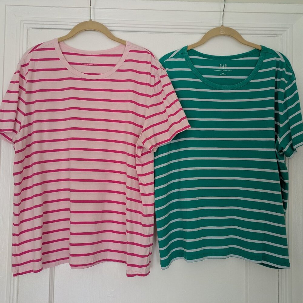 2 Gap Organic Cotton Vintage Striped Short-sleeved T-shirts Green/Pink Women XL